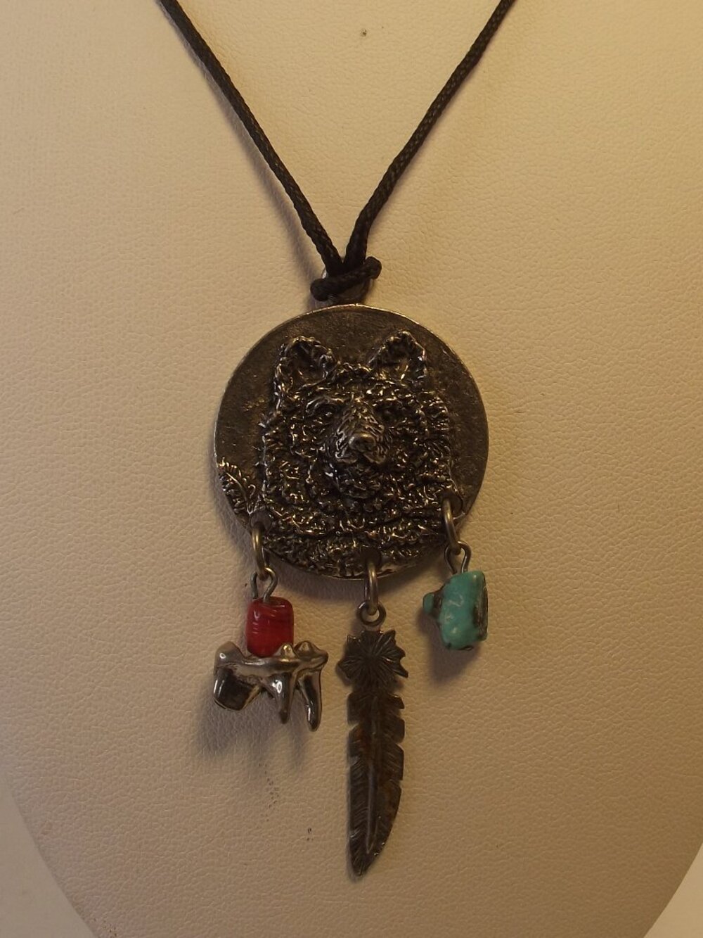 Pendant Necklace on Black Cord - BEAR & Feather & Tooth with Turquoise & Glass